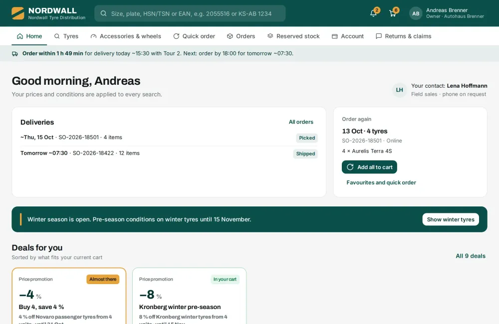 Dealer shop in the wholesaler's own brand: delivery status, order-again card and a seasonal promotion.